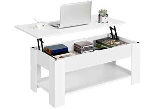 Image of Yaheetech Lift Up Coffee Table, Wooden Lifting Coffee Table with Hidden Storage Drawer and Open Shelf, Space-saving Tea Tables for Living Room/Reception, White, 98x50x(42-56) cm