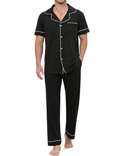 Image of Reliwel Pyjamas for Men Short Set Cotton Pj Mens Sets Pyjamas Short Sleeve Pjs for Men Short-Sleeved Button Down Loungewear V Neck Soft Sleepwear 2 Piece Black