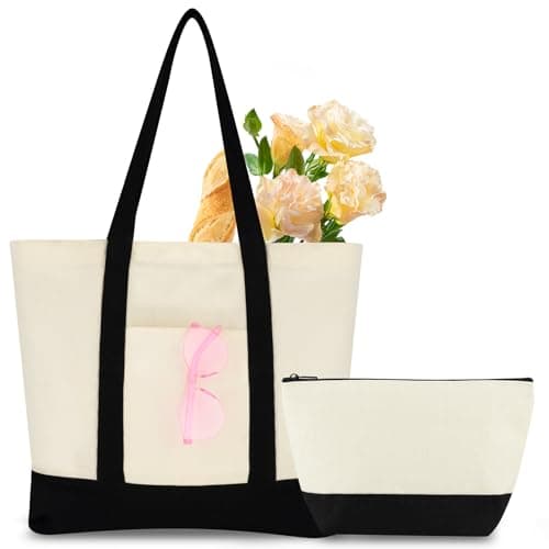 Image of Canvas Beach Bag for Women with Makeup Bag, DIY Personalized Blank Tote Bag with Zip, Large Capacity Shopping Bag Travel Bag Reusable Shoulder Bag Handbag for Holiday Picnic Shopping (Beige)
