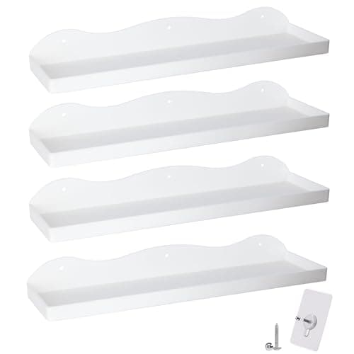 Image of BEHONA White Acrylic Floating Shelves, 4 Pack Adhesive Wall Mounted Shelves, No Drill Bathroom Shelves for Storage, Small Space Saving Floating Shelves for Bedroom, Kitchen, Modern Organizer