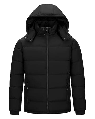 Image of Outdoor Ventures Men's Lightweight Jacket Waterproof Pufferjacket Warm Winterjacket Downjackets Winter Parka with Lined Detachable Hood Stand-up Collar Black L