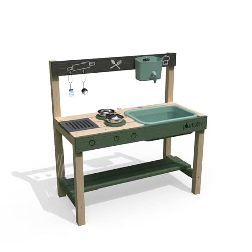 Image of Plum Play Grubby Griddle Outdoor Discovery Mud Kitchen with Tap and Sink - Cooking utensils included - With hobs and grill