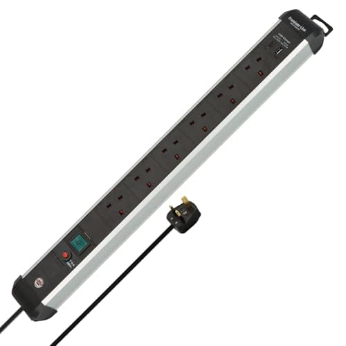 Image of Brennenstuhl Premium-Alu-Line Power Strip with 6 sockets and USB C PD 30W and USB A 18W (Made in Germany, Extension Lead with 3m cable and switch, wall-mounted Power Strip) black