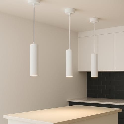 Image of CGC Lighting White Cylinder Tube Slim Short Small Pendant Suspended Ceiling Light Adjustable Modern Dining Room Kitchen Lounge Hallway Bedroom