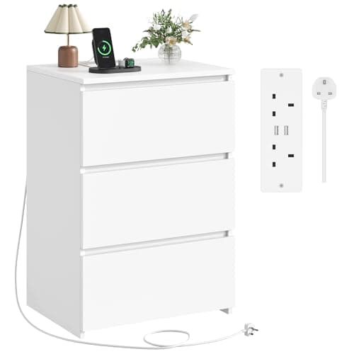 Image of FirFurd Bedside Table with Charging Station, Bedside Cabinet Nightstand with 3 Drawers, 2 AC Outlets 2 USB Ports, White Side End Table for Bedroom Living Room 45x38x66cm
