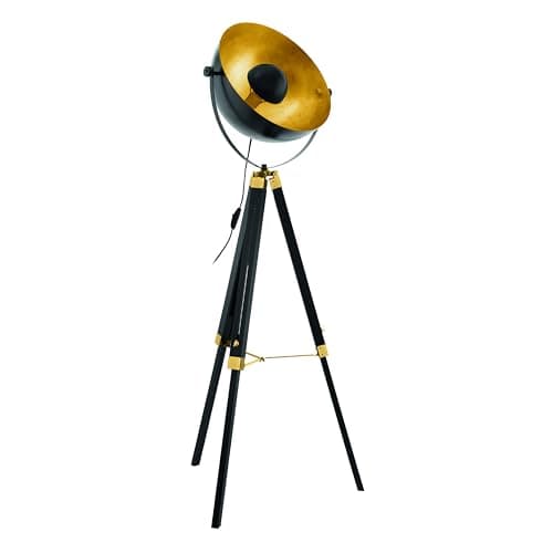 Image of Eglo Covaleda 1-Flame Industrial and Vintage Floor lamp, Made of Wood and Steel with Brass, Black and Gold Colours Standing Light, incl. Switch, E27 Socket