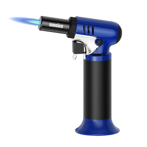 Image of Sondiko Kitchen Blow Torch with Fuel Gauge S907, Refillable Soldering Torch Lighter with Safety Lock and Adjustable Flame for Desserts, Creme Brulee, Welding, Blue & Black (Butane Not Included)