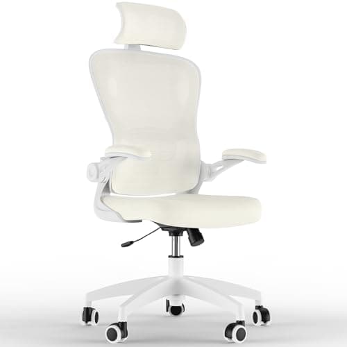 Image of Feonase Ergonomic Office Chair with Adjustable Headrest and Lumbar Support, Mesh Back, Flip-up Armrests and Rocking Function – Swivel Desk Chair for Home Office, Study, Gaming,Beige/White