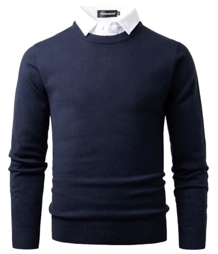 Image of Harbrosrce Men's Crew Neck Jumpers Knitted Sweater with Mock Shirt Neck Casual Business Knitwear Pullover Solid Color Navy Blue