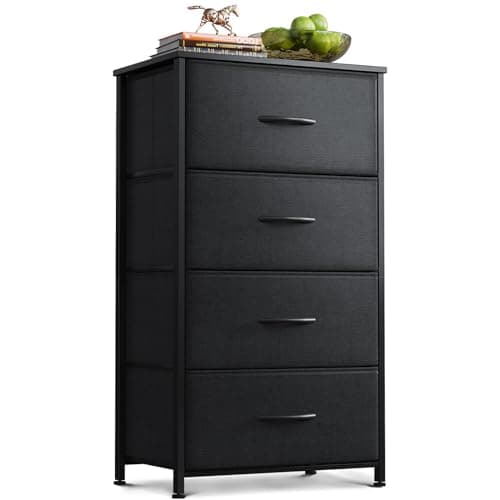 Image of Coleshome Tall Chest of Drawers Bedroom, Small and Narrow Drawers with 4 Fabric Drawers, Wooden Top, Sturdy Steel Frame, Suitable for Bedroom and Living Room, 40 x 30 x 80 cm, Black