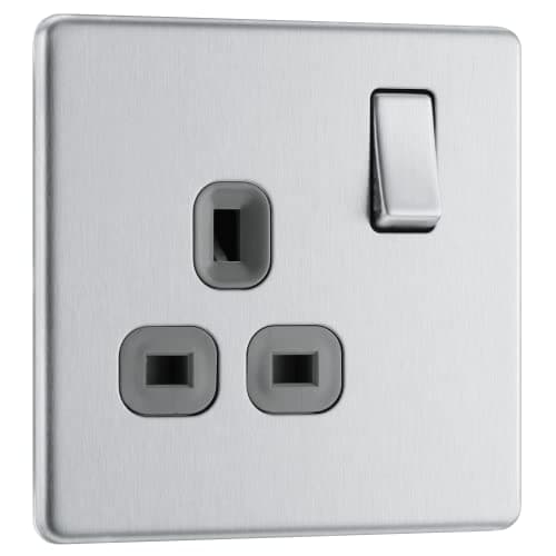 Image of BG Electrical Single Switched Power Plug Wall Socket, Screwless Front Plate, Slim Profile, Premium Flatplate, Brushed Steel, Grey Inserts, 13A, FBS21G