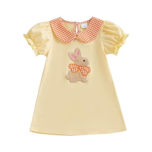 Image of Edhomenn Toddler Baby Girl Easter Outfit Bunny Embroidery Smocked Plaid Dress Doll Collar Puff Short Sleeve A Line Dress Infant Cute Summer Clothes (3 Yellow, 18-24 Months)