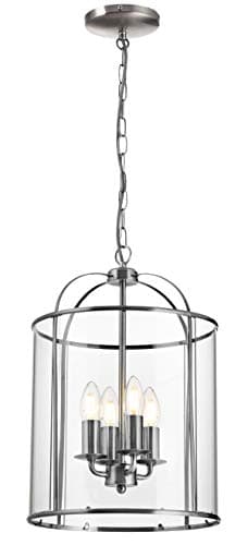 Image of Lights4Living 4 Light Circular Satin Nickel Hanging Hall Ceiling Lantern Light with Glass Panels