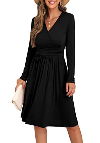 Image of GRECERELLE Womens Autumn Wrap Dress Ladies Casual Long Sleeve V-Neck Midi Dresses for Women (Black, M)