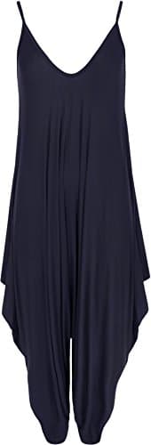 Image of WearAll Women's Lagenlook Strappy Baggy Harem Jumpsuit Dress Top Playsuit Cami - Navy Blue - One Size
