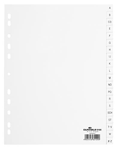 Image of Durable Index Files Labled A-Z - Pre Printed Tabs with Universal Punching - Pack of 20 White Index Sheets - Organise Your Important Documents