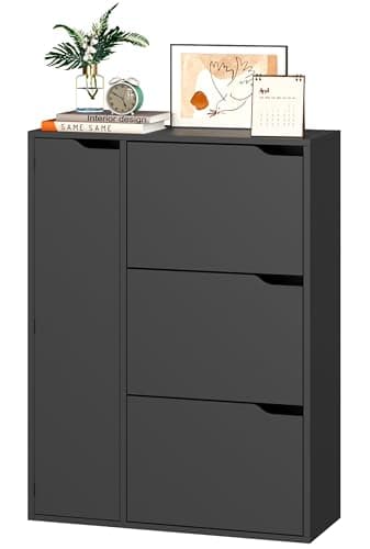 Image of IRONCK Shoe Storage Cabinet Cupboard, 3 Flip Drawers, Shoe Rack Cabinet Hallway with Boot Cabinet, Free Standing Wooden Shoe Storage Organiser Unit, Entryway Living Room Furniture, 77x30x112cm (Black)