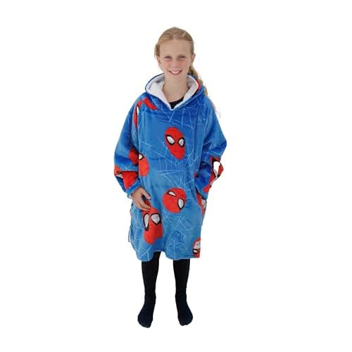 Image of Character World Disney Official Spiderman Oversized Wearable Hooded Fleece | Super Warm and Cosy Spidey Heads Up Design | Perfect For Kids Aged 7-12 Years, One Size Suggested Height 75cm+