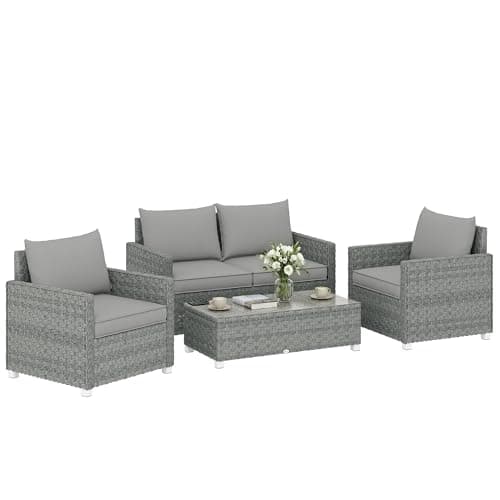 Image of Outsunny 4 Piece Rattan Garden Furniture Set with Loveseat, 2 Armchairs, Glass-Top Table, 4 Seater Wicker Patio Conversation Set with Cushions for Outdoor, Grey