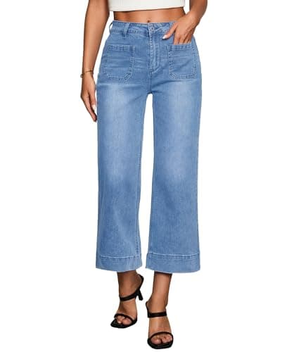 Image of Vetinee Cropped Jeans for Women UK Wide Leg Jeans for Women UK Medium Blue Size X-Large Fits UK Size 20 to UK Size 22