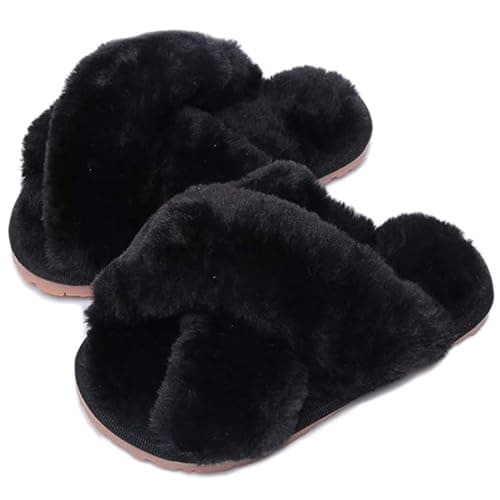 Image of Womens & Girls Slippers Ladies Fluffy Plush House Slippers Cozy Open Toe Faux Fur Sliders for Girls Warm Sandals Indoor Winter Label Size 36-37 Black UK 2-3