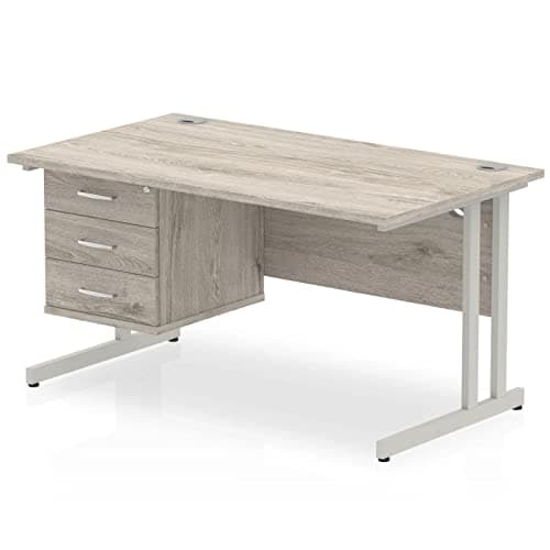 Image of DYNAMIC Impulse Cantilever Straight Desk Silver Frame With Fixed Pedestal Grey Oak 3 Drawer 1400