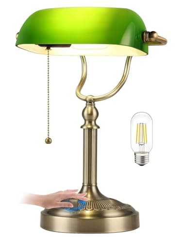 Image of Newrays Green Glass Bankers Desk Lamp, Stepless Dimmable Table Lamp Plug in Fixture for Study, Office, LED Bulb Included