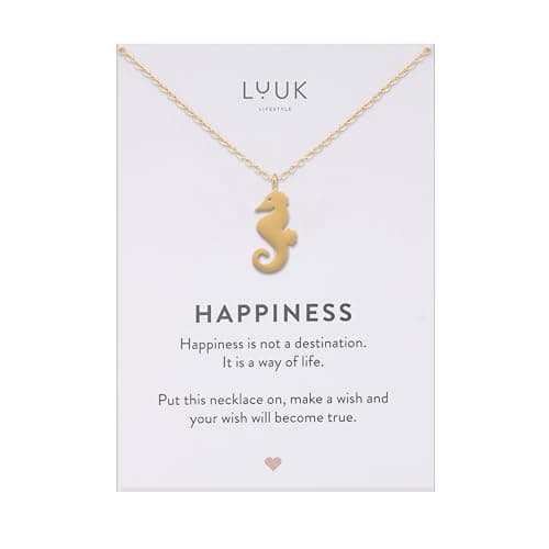 Image of LUUK LIFESTYLE Stainless steel 14k gold plated Seahorse pendant necklace, HAPPINESS Gift Card, 50cm adjustable waterproof thin sturdy chain, gift ideas, beach, holiday, dainty, aesthetic simple