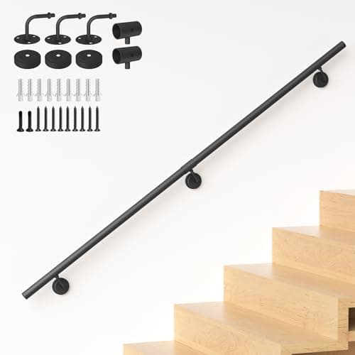 Image of NArra 4FT Industrial Metal Stair Handrail,Round Pipe Stair Railing For Indoor/Outdoor Steps,Wall Mount Support Staircase Handrail,440LBS Load Capacity Hand Rails,Safety Grab Bar Porch Stairway Railing