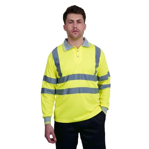 Image of HuntaDeal Hi Viz Long Sleeve Polo Shirt High Visibility Reflective Tape Workwear for Safety & Security | Breathable Lightweight Double Tape Hi Vis T Shirt for Men & Women Yellow