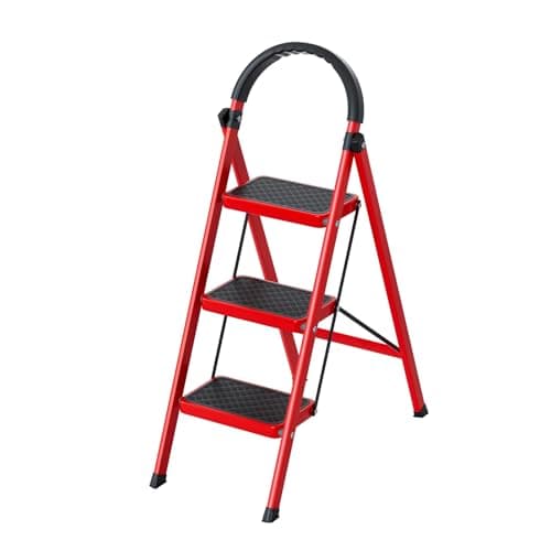 Image of 3 Step Ladder, Folding Step Stool with Anti-Slip Pedals and Rubber Feet, Heavy Duty Steel Frame, 150kg Capacity, Portable for Home and Kitchen Use (Red)