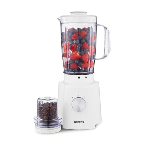 Image of GEEPAS 2-in-1 Food Jug Blender | 1.6L Juice Jar & 100G Mini Coffee Spice Grinder 4-Leaf Stainless-Steel Blades 3 Speed & Pulse Safety Lock | Smoothie Maker for Ice Crushing 2 Year Warranty 650W White
