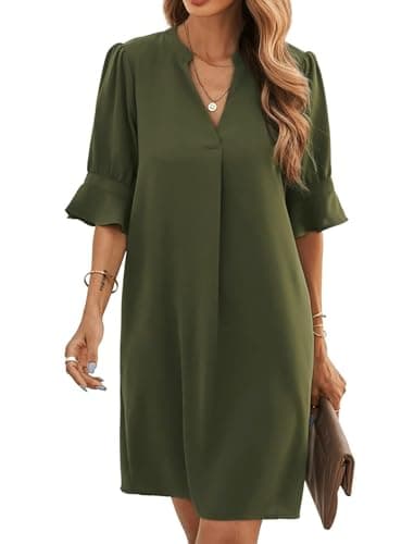 Image of Famulily Women's Summer Casual T Shirt Dresses Short Puff Sleeve Midi Dress for Wedding Guest Army Green S