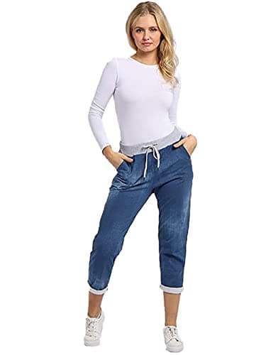Image of H&F ® Women’s Ladies Denim Jogger Floral, Star Printed Sweatpants Ribbed Waistband Trousers Ladies Causal Summer Jogger Drawstring Italian Gym Running Pants-Size 8-22 (Denim Dark, 20-22)