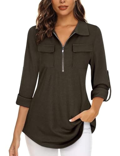 Image of Gemulate Womens Tops Zip Tunic Tops for Women UK Long Sleeve Blouse 3/4 Sleeve Polo Neck Cotton T Shirt Casual Work Ladies Fashion Clothes Brown Green L