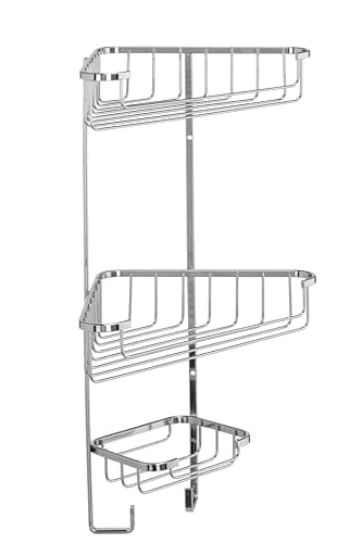 Image of Croydex Three Tier Corner Shower Caddy - Durable Steel Bathroom Shelves with Chrome Finish for Modern Bathrooms, 3-Tier Shower Corner Shelves with Hooks, Easy Installation, 5kg Load Capacity