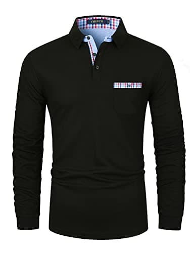 Image of VMSUCIJ Men's Polo Long Sleeve Plaid Denim Stitched Cotton Golf T-Shirt with Real Pocket M-3XL,Black,L