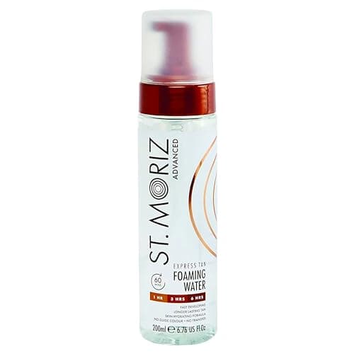 Image of St Moriz Advanced Express Tan Clear Foaming Water | Express Clear Fake Tan Mousse | 1 Hour for Light Glow, 3 Hours for Medium Glow, 6 Hours for Deep Glow | Tanning Water | Vegan | Cruelty Free | 200ml