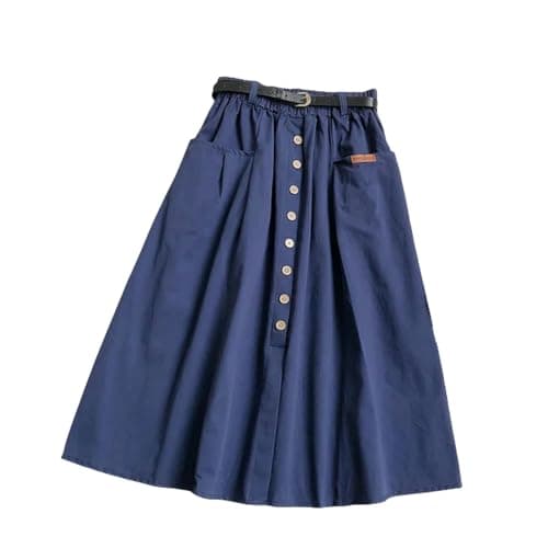 Image of Gyios skirt Casual Cotton Midi Long Skirt Women Button Pocket Belt A Line High Waist Mid-length Skirt Female Elastic Women Skirts-blue-one Size