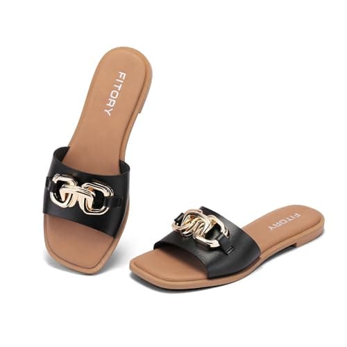 Image of FITORY Women's Flat Sandals with Gold, Casual Dressy Leather Slip on Slide for Ladies Summer Shoes Dark Black Size 5