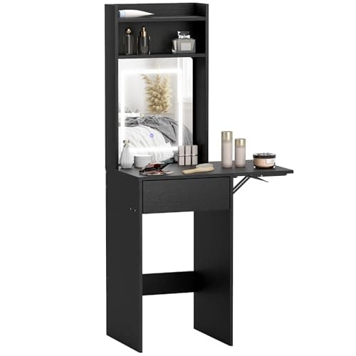 Image of HOMCOM Small Dressing Table with Mirror, Adjustable LED Lights, Drop Leaf Side, Vanity Desk with Open Shelves and Drawer, Compact Makeup Table for Small Spaces, Bedroom, Black