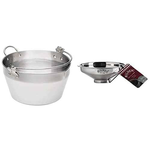 Image of KitchenCraft Home Made Maslin/Jam Pan for Induction Hob with Recipe in Gift Box, Stainless Steel, 9 Litre, Silver & Kilner Stainless Steel Easy Fill Jam Jar Funnel, Steel, Silver, 14 x 14 x 5 cm