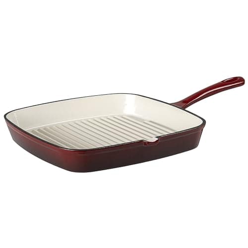 Image of Prochef Enamelled Cast Iron Grill Pan 23cm – Heavy-Duty Griddle Skillet with Pouring Spouts, All Hob & Oven Safe, Durable & Easy to Clean, Ideal for Grilling Meats & Veg, Garnet