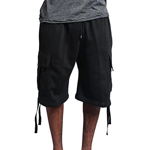 Image of Men's Big & Tall Solid Fleece Cargo Shorts Heavyweight Fit Above The Knee 5 Inseam Casual Sport Shorts Multi-Pocket Elastic Drawstring Ripstop Hiking Work Sweat Shorts Black