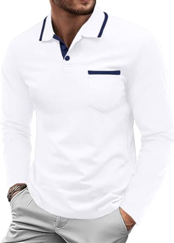 Image of QIXING Long Sleeve Polo Shirts Mens Casual Smart Cotton Collared Golf Tops Polo Shirt with Pocket(White, M)