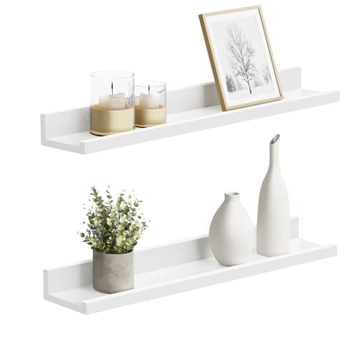 Image of SONGMICS Floating Shelves Set of 2, Wall Shelves ledge with High Gloss Finish, 60 x 10 cm, for Picture Frames and Books, Living Room, Hallway, Bedroom, Bathroom, Kitchen, Office, White LWS60WT