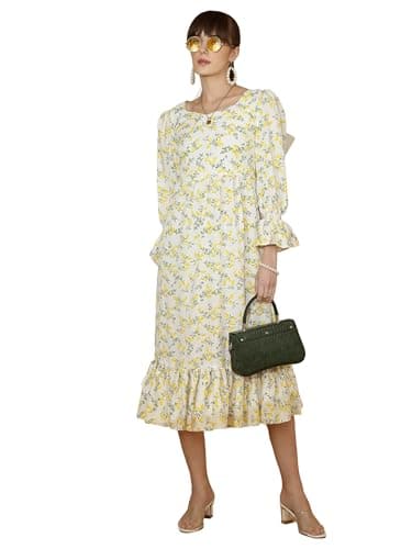 Image of Sheetal Associates Women's Casual Flared Sleeve Crepe Floral Fit and Flare Dress, Yellow, XXL