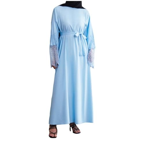 Image of AnnSemo Women Muslim Dress Middle East Arabian Robe Islamic Lace Stitching Long Sleeve Maxi Dress Temperament Prayer with Belt Abaya Jilbab Dubai Kaftan for Eid Ramadan