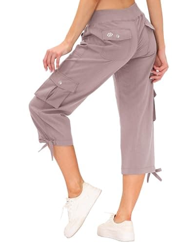 Image of MoFiz Cropped Trousers Women Casual Capri Pants Relaxed Fit 3/4 Crop Trousers Ladies Jogging Running Bottoms with Cargo Pockets Pink Size L