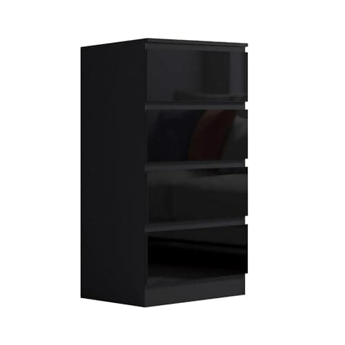 Image of FWStyle Black High Gloss 4 Drawer Chest Bedroom Furniture Matt Black Frame H99 x W40 x D40cm
